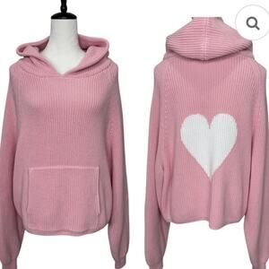 Vwoollo Pink Heart Sweater Hooded Thick Knit Cotton Size Medium
